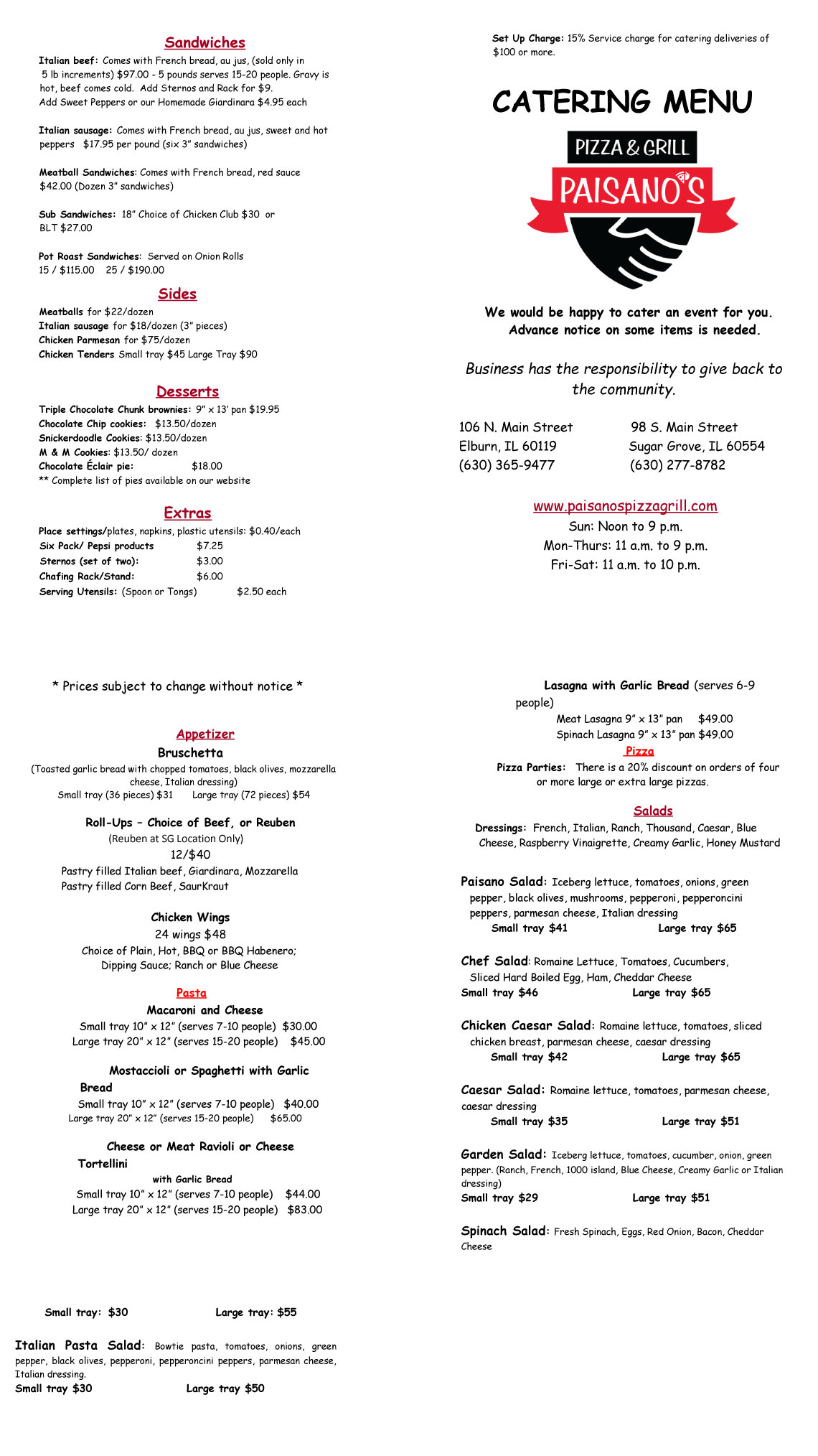 Catering menu